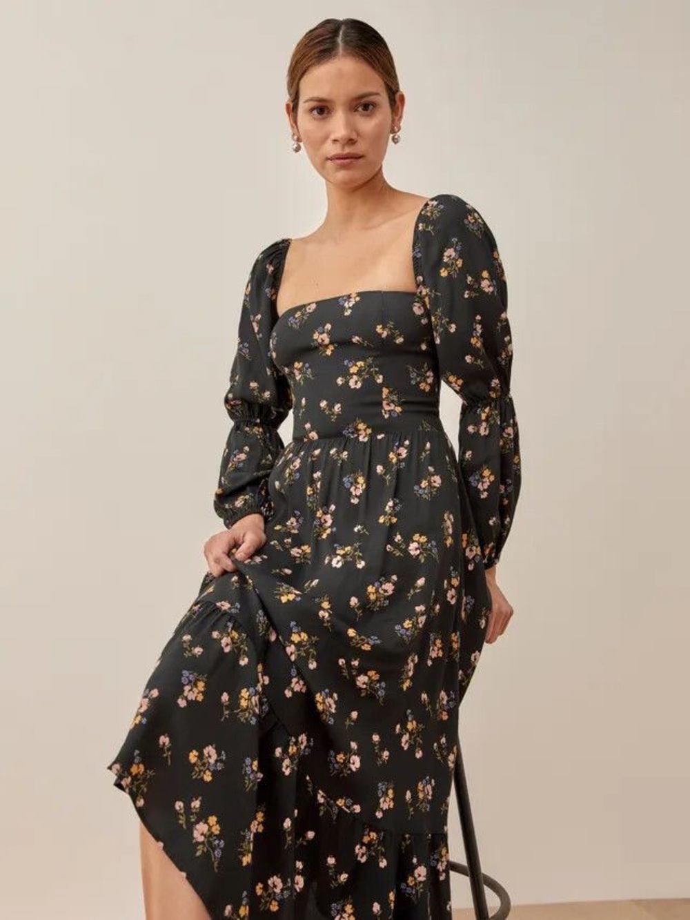 Reformation Mica Black Floral Long Sleeve Puff Midi Dress Size 2